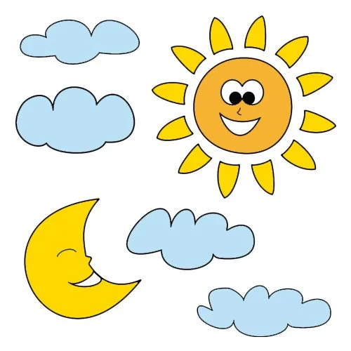 Цветной вариант раскраски солнце, тучи и луна