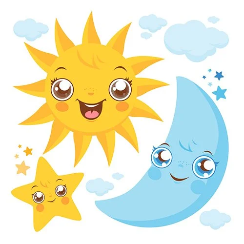 Цветной вариант раскраски солнышко, луна и звездочка