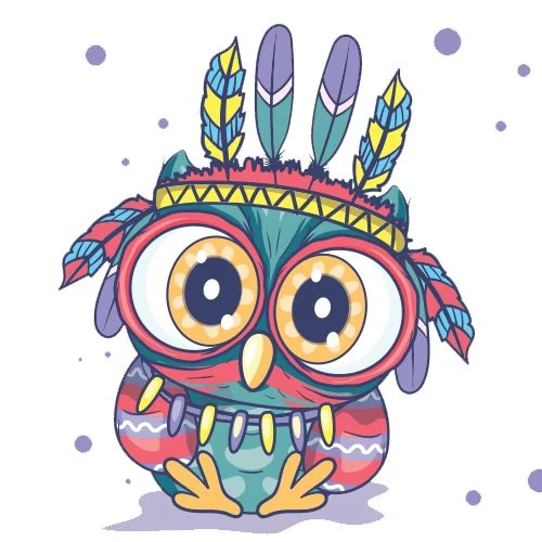 Цветной вариант раскраски сова-индеец