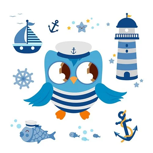 Цветной вариант раскраски сова-моряк