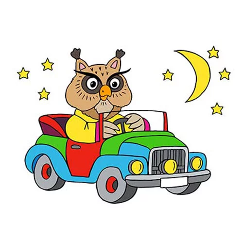 Цветной вариант раскраски сова на машине