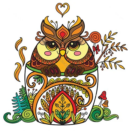 Цветной вариант раскраски сова узорчатая