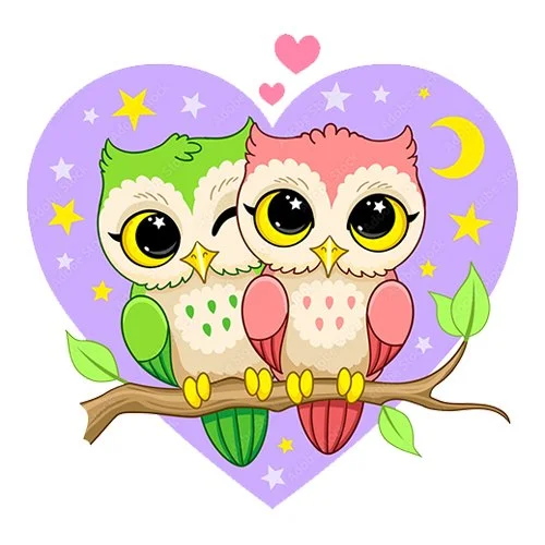 Цветной вариант раскраски совята влюбленные