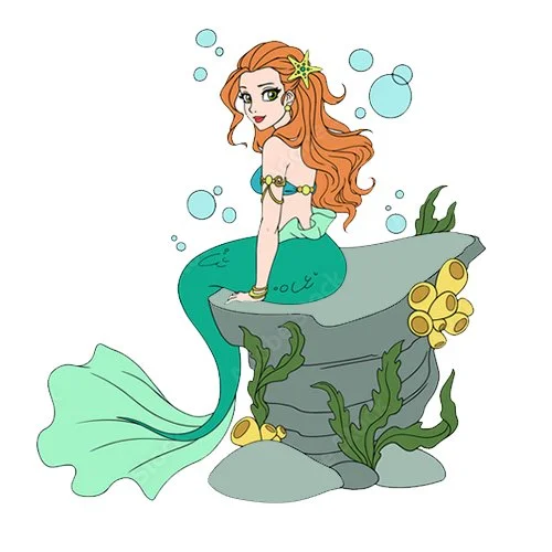 Цветной вариант раскраски супер красивая русалка на камне
