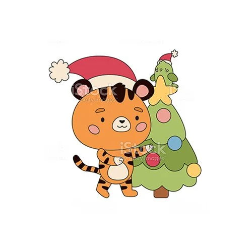 Цветной пример раскраски тигр наряжает ёлку