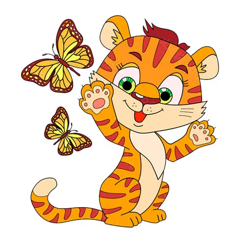 Цветной пример раскраски тигренок с бабочками
