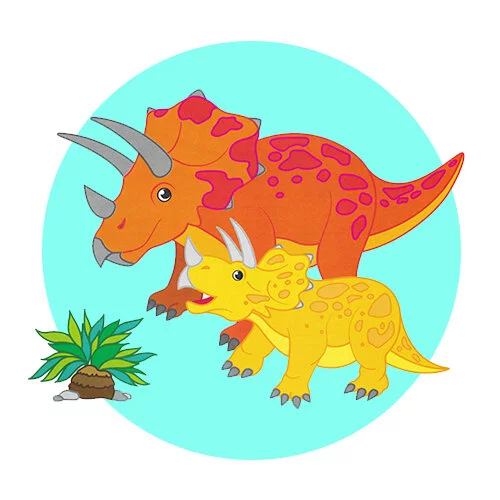 Цветной пример раскраски тураноцератопс мама и детеныш