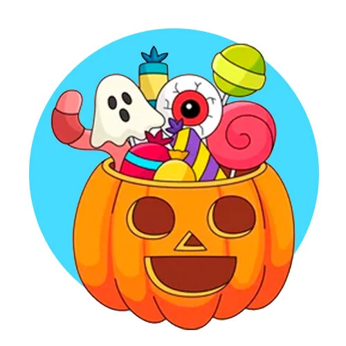 Цветной вариант раскраски тыква с конфетами