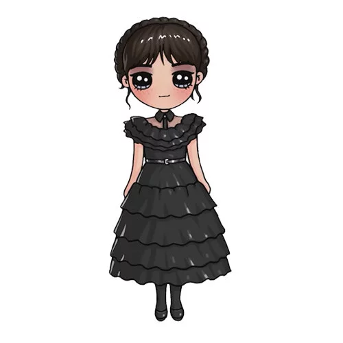 Цветной вариант раскраски уэнздей аддамс в платье