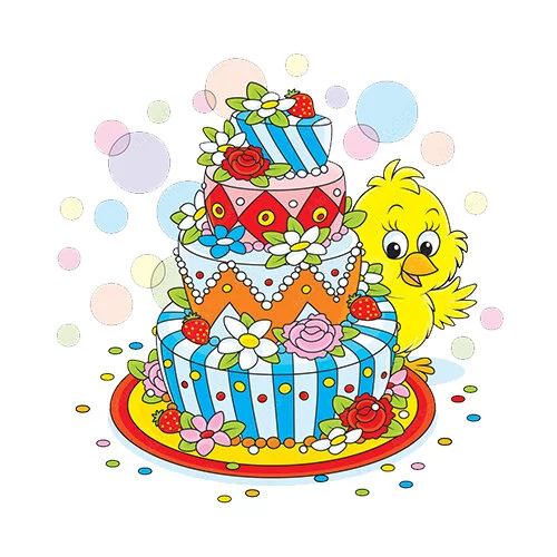 Цветной вариант раскраски утенок с тортом
