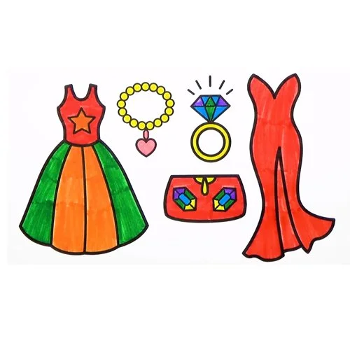 Цветной вариант раскраски вечерние платья и бижутерия