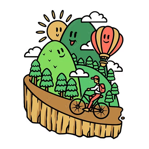 Цветной вариант раскраски велосипед в горах