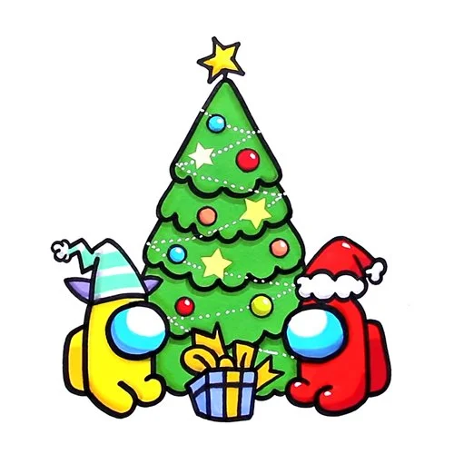 Цветной пример раскраски вокруг елки в амонг ас