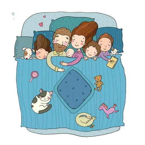 Цветной вариант раскраски вся семья спит