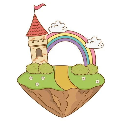 Цветной вариант раскраски замок принцессы и радуга