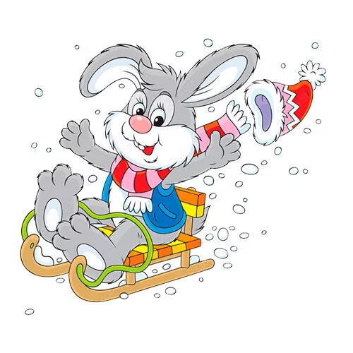 Цветной вариант раскраски заяц на санках