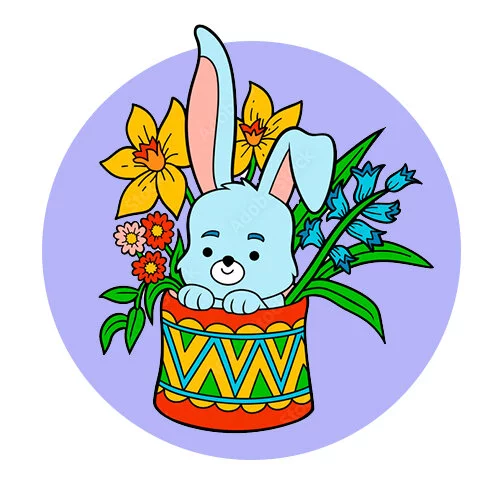 Цветной пример раскраски заяц спрятался в цветах