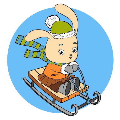 Цветной вариант раскраски зайчик на санках