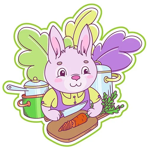 Цветной вариант раскраски зайчик режет морковь