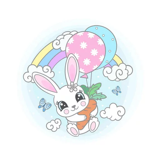 Цветной вариант раскраски зайка на радуге с воздушными шарами