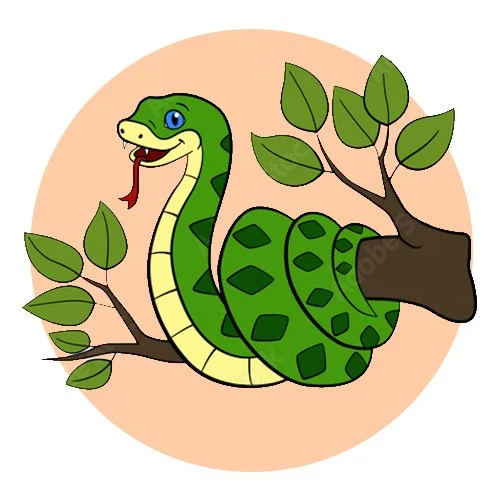 Цветной пример раскраски змея на ветке дерева