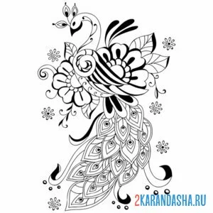 Раскраска винтажный павлин
