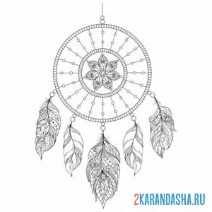 Раскраска ловец снов с перьями павлина