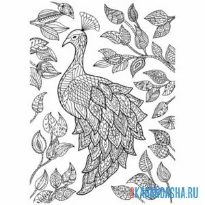 Раскраска павлин на дереве