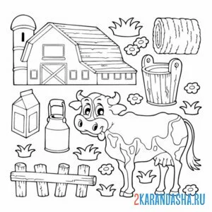Распечатать раскраску ферма с коровой и молоком на А4