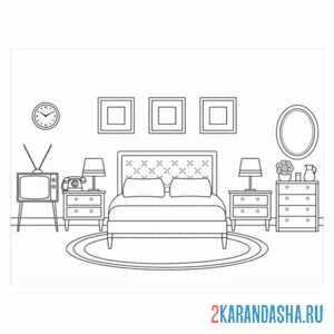 Раскраска кровать, картины и мебель для спальни