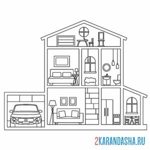 Раскраска кукольный домик с мебелью