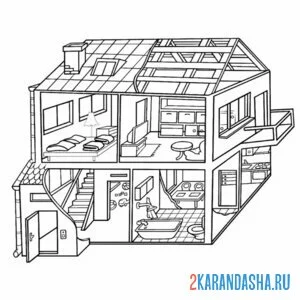 Раскраска кукольный дом с мебелью