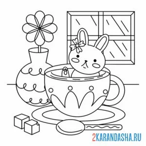 Раскраска зайчик и посуда на столе
