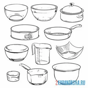 Раскраска много кухонной посуды