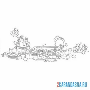 Раскраска грязная посуда в мойке