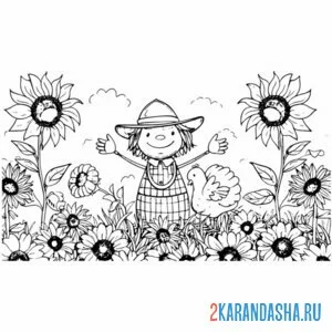 Раскраска поле подсолнухов и мальчик