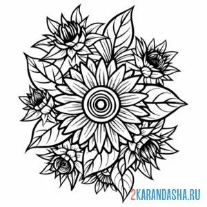 Раскраска букет из подсолнухов