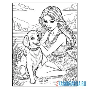 Раскраска барби чешет собачку
