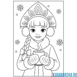 Раскраска милая снегурочка и какао