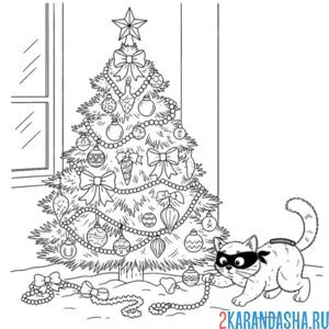 Раскраска котик воришка и новогодняя елка
