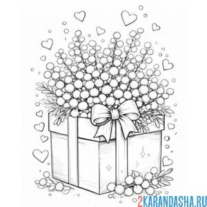 Раскраска коробка с мимозами на праздник