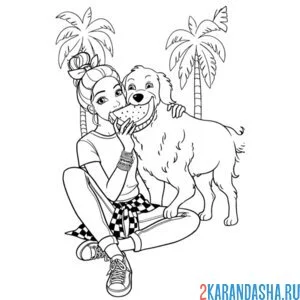 Раскраска барби с арбузом и своей собакой