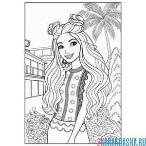 Раскраска барби с красивой прической на улице