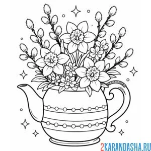 Раскраска пасхальная ваза из чайника, верба