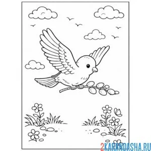 Раскраска птичка и веточка вербы