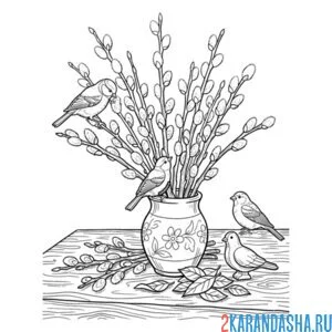 Раскраска птички и верба