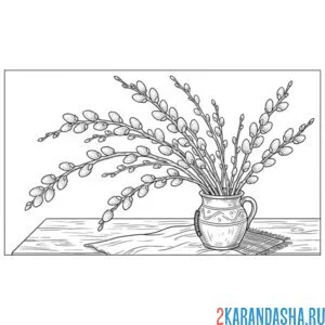 Раскраска веточки вербы в вазе на столе