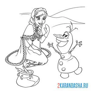Раскраска веселые анна и снеговик олаф онлайн