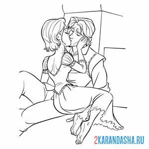 Раскраска принцесса с короткими волосами целует флина