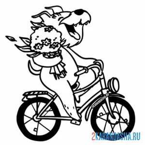 Раскраска пес с цветами на велосипеде